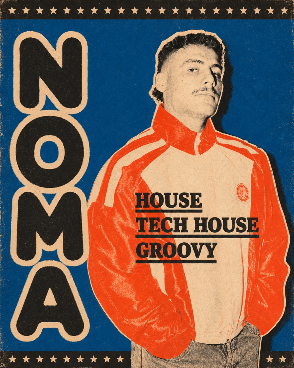 Affiche NOMA : portrait de Noma en veste de survêtement rouge sur fond bleu, typographie House / Tech House / Groovy.